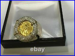 925 Sterling Silver US LIBERTY COIN Ring 2Ct Round Cut Diamond Yellow Gold Over