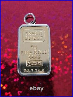 999.9 Pure Fine Gold 5gr Credit Suisse Coin Bar In 14k Frame Pendant