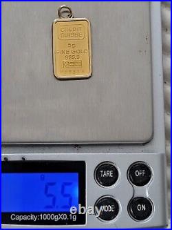 999.9 Pure Fine Gold 5gr Credit Suisse Coin Bar In 14k Frame Pendant