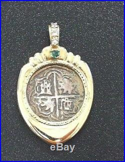 ATOCHA Coin Pendant 14K Gold WithDiamonds & Emerald Sunken Treasure Jewelry