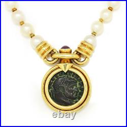 Ancient Maxentius Roman Coin Ruby Pendant Pearl Necklace 18K Gold
