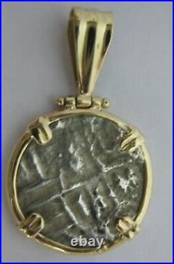 Ancient Spanish 2 Reales Silver Coin 14k Yellow Gold Bezel Pendant 1-1/8