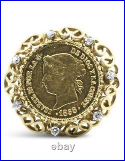 Antique 1868 22K Coin 14K Yellow Gold Diamond Ring Philippino Spain Isabella