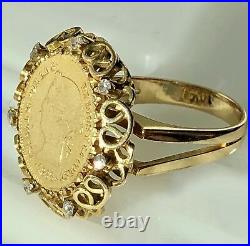 Antique 1868 22K Coin 14K Yellow Gold Diamond Ring Philippino Spain Isabella