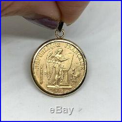 Antique France 1893A 20 Francs gold coin pendant lucky angel rooster 14k yellow