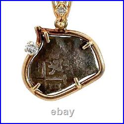 Antique Shipwreck Silver Coin Framed 14K Yellow Gold & Diamond Pendant