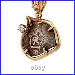 Antique Shipwreck Silver Coin Framed 14K Yellow Gold & Diamond Pendant