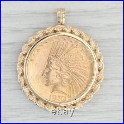 Authentic 1910 $10 Indian Head Coin Pendant 14k & 900 Yellow Gold Rope Bezel