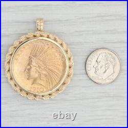 Authentic 1910 $10 Indian Head Coin Pendant 14k & 900 Yellow Gold Rope Bezel