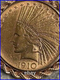 Authentic 1910 $10 Indian Head Coin Pendant 14k Yellow Gold Plated Rope Bezel