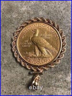 Authentic 1910 $10 Indian Head Coin Pendant 14k Yellow Gold Plated Rope Bezel