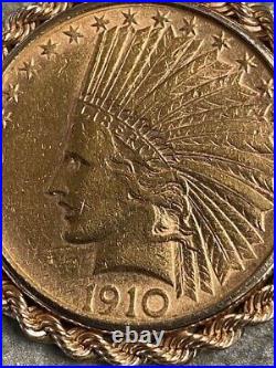 Authentic 1910 $10 Indian Head Coin Pendant 14k Yellow Gold Rope Bezel