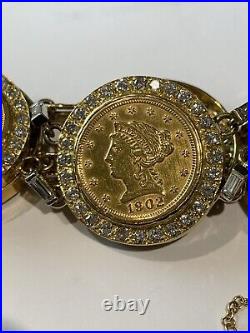 Bracelet Gold Coin Liberty Head 2 1/2 Dollar 14K yellow Gold And Diamond