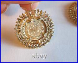 Bullion 1945 Mexico Dos Pesos coin earrings 14k gold woven frame Omega back
