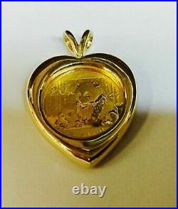 CHINESE PANDA BEAR 20mm COIN Heart Shape Pendant 14k Yellow Gold Finish