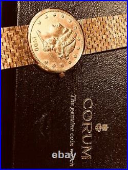 CORUM $20 GOLD COIN MEN'S WATCH (NEVER WORN) ON 18K GOLD BRACELET, 21mm/8 1/4 IN