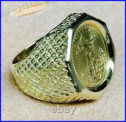 Charm Men's 20 mm Coin American Eagle Ring with Vintage Real 14K Yellow Gold