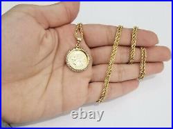 Clearance 14K Yellow Gold CZ Small Dos Pesos Coin Pendant Charm 18 Rope Chain