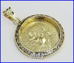 Clearance 14K Yellow Gold CZ Small Dos Pesos Coin Pendant Charm Figaro Chain
