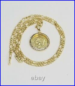 Clearance 14K Yellow Gold CZ Small Dos Pesos Coin Pendant Charm Figaro Chain