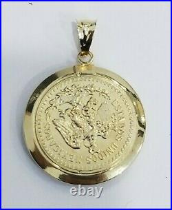Clearance 14K Yellow Gold CZ Small Dos Pesos Coin Pendant Charm Rope Chain