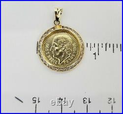 Clearance 14K Yellow Gold CZ Small Dos Pesos Coin Pendant Charm Rope Chain