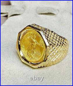 Coin 20mm American Liberty With Engagement Ring in Men's 14k Yellow Gold Finish