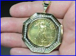 Coin 2Ct Round Real Moissanite Lady Liberty Pendant 14k Yellow Gold Finish