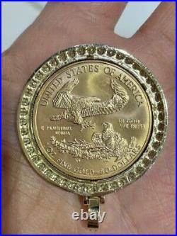 Coin Bezel Frame Medallion 3 Ct Real Moissanite Pendant 14k Yellow Gold Finish