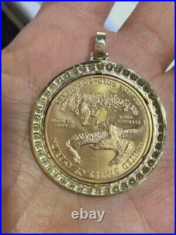 Coin Bezel Frame Medallion Lab Created Diamond Pendant 14k Yellow Gold Finish