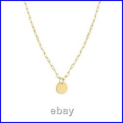 Coin Disc Pendant Necklace Solid 14K Yellow Real Gold Paperclip Link Chain Women