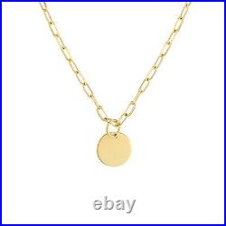Coin Disc Pendant Necklace Solid 14K Yellow Real Gold Paperclip Link Chain Women