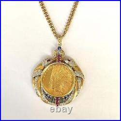 Coin Necklace 10 Dollars With Diamonds & Gemstones 18K Yellow Gold 62.45G