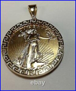 Coin Yellow Disc Statue of Liberty Lady Charm Pendant 14K Yellow Gold Finish