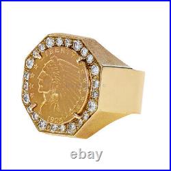 Diamond Bezel 1925 Indian Head Coin Ring, 14k Yellow Gold, Size 8.25