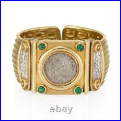 Dorfman Diamond Emerald Silver Coin 18k Yellow Gold 34mm Wide Cuff Bracelet