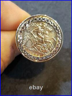 ESTATE 9K MEN'S RING 1982 Elizabeth II British Gold Half Sovereign GOLD 22K COIN