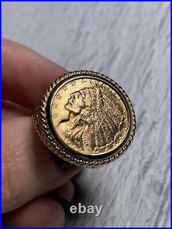 Estate 14K Yellow Gold Ring Holding A 1909 $2.5 Indian US Coin Art Deco Handmade