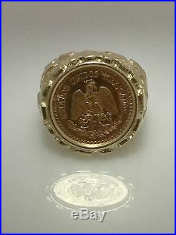 Estate 14k Yellow Gold 1945 Dos Mexican Peso 22k Coin Nugget Ring Size 6.75