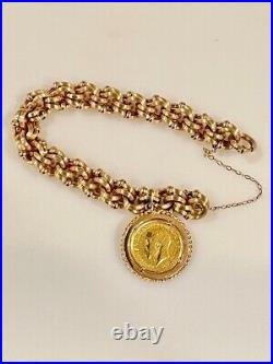 Estate 18k Rose & Yellow Gold Double Link Chain 7.5 Bracelet 1915 British Coin