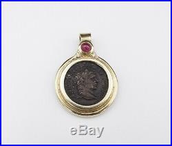 Etruscan 14k Yellow Gold Ruby Cabochon Antoninus Pius Coin Pendant 1.3 PG1006