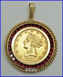 Genuine 1900 American $10 Liberty Gold Coin in 14k Bezel with Rubies