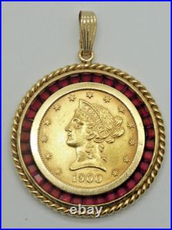 Genuine 1900 American $10 Liberty Gold Coin in 14k Bezel with Rubies