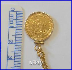Genuine 1905 USA Liberty Head 2 1/2 Dollar Gold Coin 14K Bezel on 18 Rope Chain