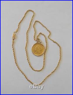 Genuine 1905 USA Liberty Head 2 1/2 Dollar Gold Coin 14K Bezel on 18 Rope Chain