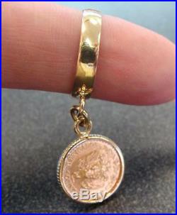 Genuine 1945 Dos Peso Coin Dangle Wide Band Pinky Ring 14k Gold