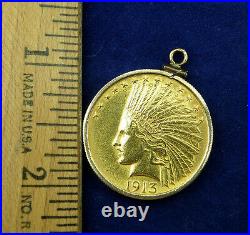 Gold 1913 $10 Indian Head Eagle Coin (1/2 oz. Gold) Pendant-14K Yellow Gold Bezel