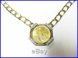 Gold Liberty Coin 1914 20 Dollars Framed in 14k Yellow Gold Necklace with Diamon