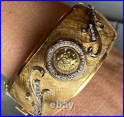 HUGE 18K Yellow Gold Diamond Vines Scrolls Antique Coin Bangle Bracelet 6.5