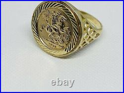 Hallmarked 375 9ct Genuine Yellow Gold St George Sovereign Coin Ring 18mm Size N